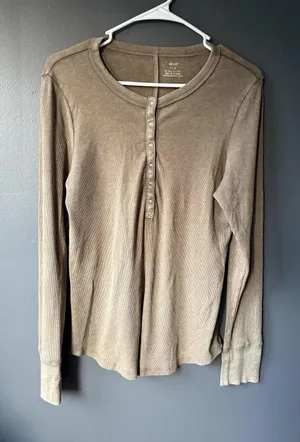 Aerie Brown Ribbed Long Sleeve Henley Top Size L thumbnail 1