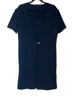 Black Textured Knit Short Sleeve One Button Front Mini Dress Large LBD‎ Workwear thumbnail 1