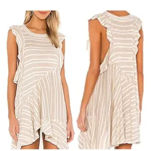 Free‎ People Mini Dress Women Small Beige Stripe Ruffle Sun Valley Boho Tunic thumbnail 3