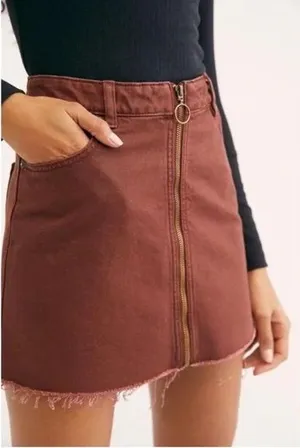 We The Free Rust Brown Front-Zip Raw Hem Mini Skirt thumbnail 1