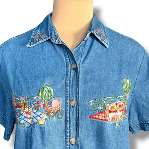 Vintage Chambray DenimPicnic Embroidered Denim Button Front Shirt Medium America thumbnail 1