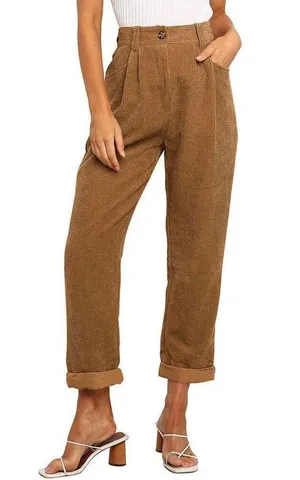 NEW High Waisted Corduroy Pants Straight Leg Loose Trousers Pockets L thumbnail 1