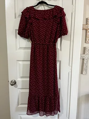 LOFT Flowy Chiffon Midi Dress Maroon Floral Ruffle cap Sleeve Sz M Fem Romantic thumbnail 6