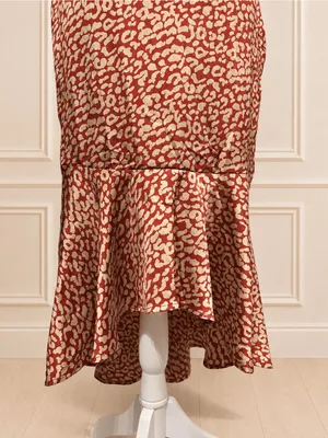 NWOT PrettyLittleThing Red Gold Leopard Satin High-Low Mermaid Maxi Dress US 6 thumbnail 4