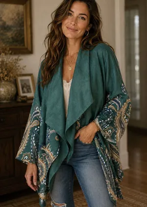 SOFT SURROUNDINGS Chouteau‎ Jacket - Green Faux Suede, Open, Artsy Design, L thumbnail 1