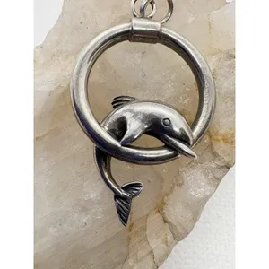 Vintage‎ Sterling Silver Dolphin Pendant Circle Hoop Nautical Ocean Jewelry 925 thumbnail 4