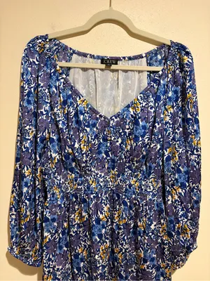 J. Crew V-neck Midi Dress in Fête Floral Print Blue Satin Long Sleeves Medium thumbnail 6