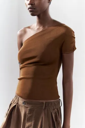 Zara Ribbed One Shoulder Knit Top Brown Ruched Stretch Short Sleeve Size S thumbnail 1