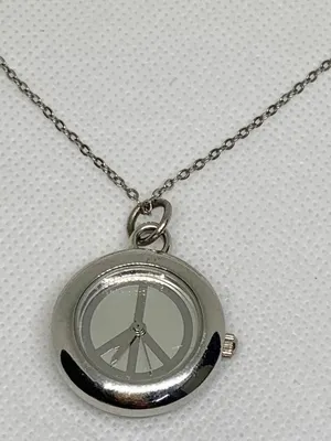 xhilaration peace sign pendant necklace pocket watch silver tone quartz running thumbnail 1