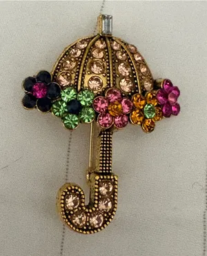 Jeweled Umbrella Parasol Brooch with Multicolor Crystal Flowers EUC thumbnail 1