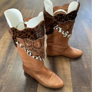 Donna Carolina Leather Patchwork Cowboy Boots Tan Animal Print EU 36.5 thumbnail 6