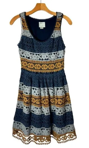 Maeve Dress Women 0 Blue Gold Sleeveless Crochet Fit And Flare Mini‎ Cottagecore thumbnail 1