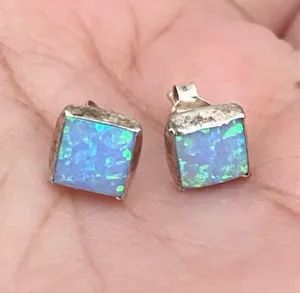925 Sterling Silver Blue Opal Square Small Stud Earrings thumbnail 1