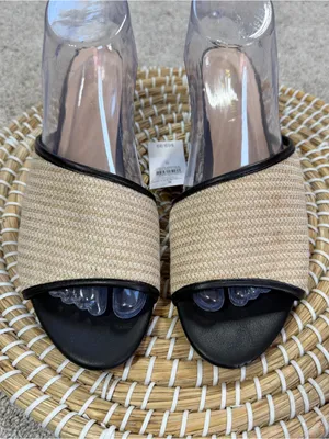 Ann Taylor Factory Women’s Slip-On Leather Raffia Wedge Sandals in Black Cream 8 thumbnail 2