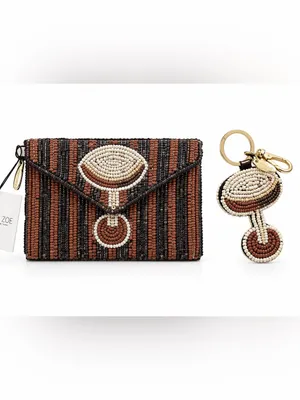 Rachel Zoe NWT Brown Expresso Beaded Card Case Holder Key Charm Boxed Gift Set thumbnail 2