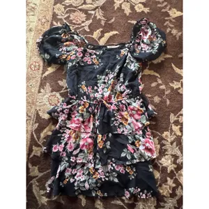 Floral Tiered Mini Dress Black Puff Sleeve Square Neck Ruffle Chiffon Summer thumbnail 2