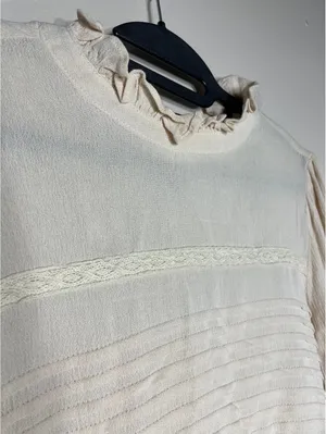 Polagram Cream Pintuck Lace Blouse Cottagecore Boho Ruffle S thumbnail 5