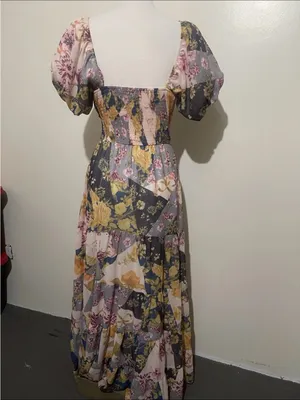 Floral Puff-Sleeve Maxi patchwork style Dress in Multi-Color thumbnail 4