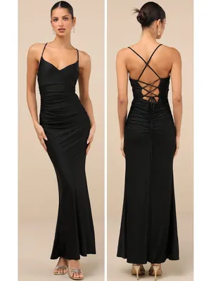 Lulus Elese Black Slinky Knit Lace-Up Mermaid Maxi Dress Size Large NWT Formal thumbnail 2