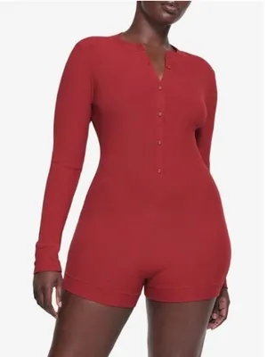 Skims Soft Lounge Button Up Ribbed Henley Onesie Brick Si̇Ze Large Nwt thumbnail 1