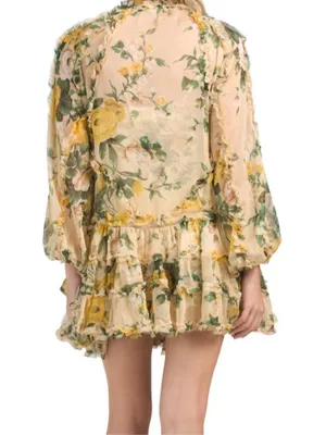 O.P.T Womens Green Yellow Floral Angelique Ruffle Mini Babydoll Dress Small thumbnail 7