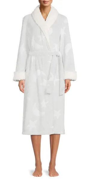 Secret Treasures Women's Sz XL 16-18 Plush Robe Light Gray White Moon Star Print thumbnail 1