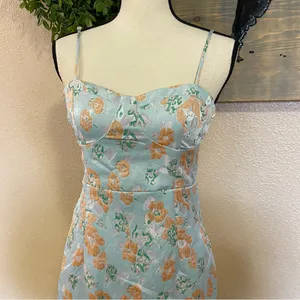 NWOT Lulus Enviable Aesthetic Light Blue Floral Jacquard Bustier Midi Dr… thumbnail 4