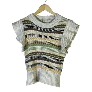 Elan Striped Knit Flutter Sleeve Sweater Top Womens S Neutral Boho Cottagecore thumbnail 2