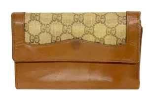 Gucci Vintage Brown Leather Cloth Wallet‎ Check Holder Snap Zipper thumbnail 1
