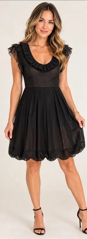 Amelia Toro Dress Womens 6 Black Goth Romantic Ruffle V-Neck Pleated Fit & Flare thumbnail 1
