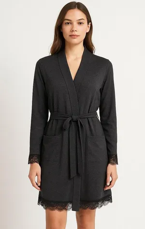 Victoria's Secret Wrap Robe M/L Charcoal Gray Lace Trim Belted thumbnail 1
