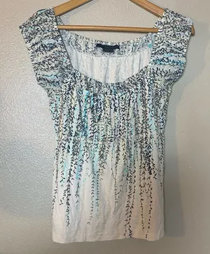 Calvin Klein‎ Jeans White Top with Aqua & Navy Vine Print Earthy summer casual M thumbnail 1