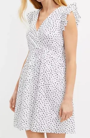 LOFT NWT White Mini Dress with Black Floral Print size 6 v-neck, ruffle sleeves thumbnail 1