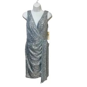 Eliza J Womens Light Blue Sequin V-Neck Side Drape Cocktail Dress Size 8 NEW thumbnail 3