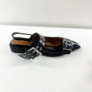 Boutique Black Patent Leather Buckle Slip On Pointed Toe Slingback Flat Shoes 39 / 8.5 thumbnail 4