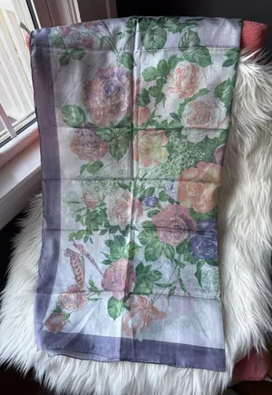Floral Patterned 100% Silk Women's Scarf Purple thumbnail 1
