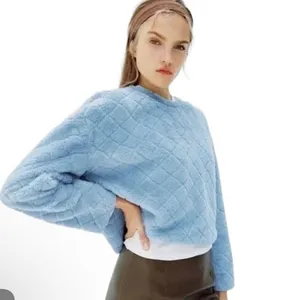 Zara Blue Quilted Soft‎ Faux Fur Fleece Cropped Crewneck Sweatshirt Sweater thumbnail 2