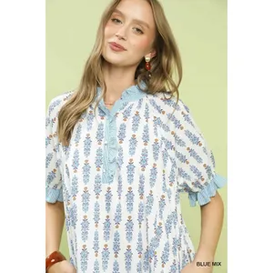 Umgee Striped Trim Floral Tiered Mini Dress - Blue Mix - Medium thumbnail 4