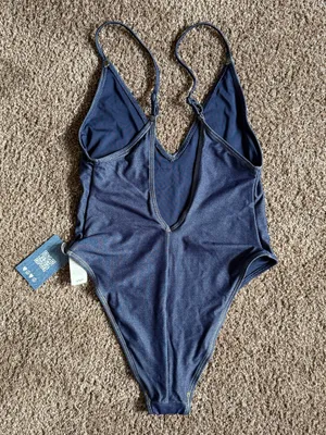 Aerie Swim | Aerie Nwt Match Made In Denim Plunge Cheekiest One Piece Swimsuit; Size S | Color: Blue thumbnail 3