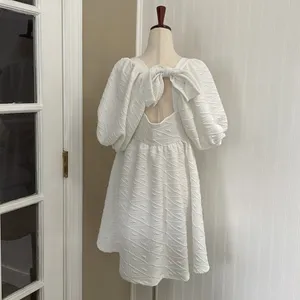 FREE PEOPLE Violet Puff Sleeve Tie Back Babydoll Mini Dress in White Size M (?) thumbnail 6