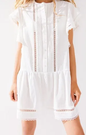 H&M mini dress lace embroidered pintuck ruffle short flutter sleeve ladder thumbnail 1