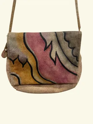 Magnifique Vintage Abstract Hand Painted Genuine Leather Flap Crossbody Bag thumbnail 2