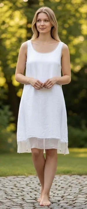 Dana B & Karen Shift‎ Dress Womens 6 White Excellent Linen Sheer Trim Scoop Neck thumbnail 1