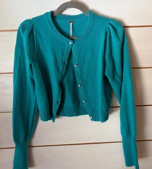 Free People Teal Puff-Sleeve Cropped Cardigan thumbnail 1