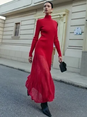 Commense Red Maxi Sweater Dress Ribbed Large Turtleneck Sheer Hem Evening thumbnail 5