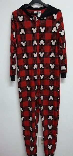 Disney Mickey Mouse One Piece Pajamas Womens Medium Hooded Ears Red Black Fleece thumbnail 1