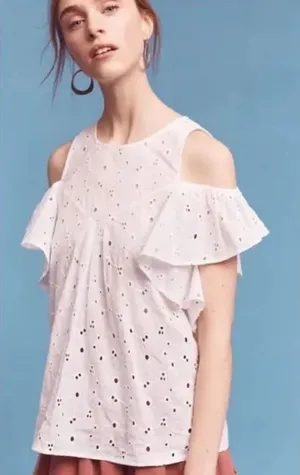 EUC Anthropologie Maeve White Eyelet Cold Shoulder Ruffle Blouse Size Small thumbnail 1