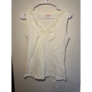 Zena Womens Ribbed Cotton Tank Top Cream Lace V-Neck Sleeveless Shirt Large thumbnail 2