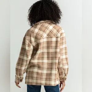 LOVE TREE Beige Plaid Sherpa Womens Shacket thumbnail 3