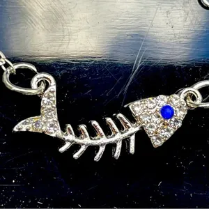 Mr Bones fishy necklace silver tone fish and blue eye rhinestone covered gift thumbnail 1